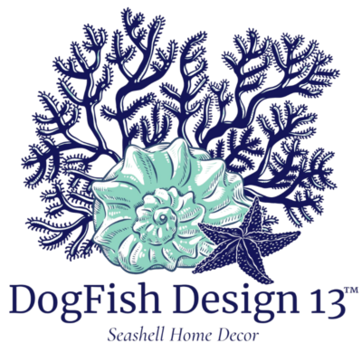 DogFish Design 13 logo consisting of navy coral, sea green conch shell, & navy star fish with company name & seashell home decor in navy blue block lettering beneath